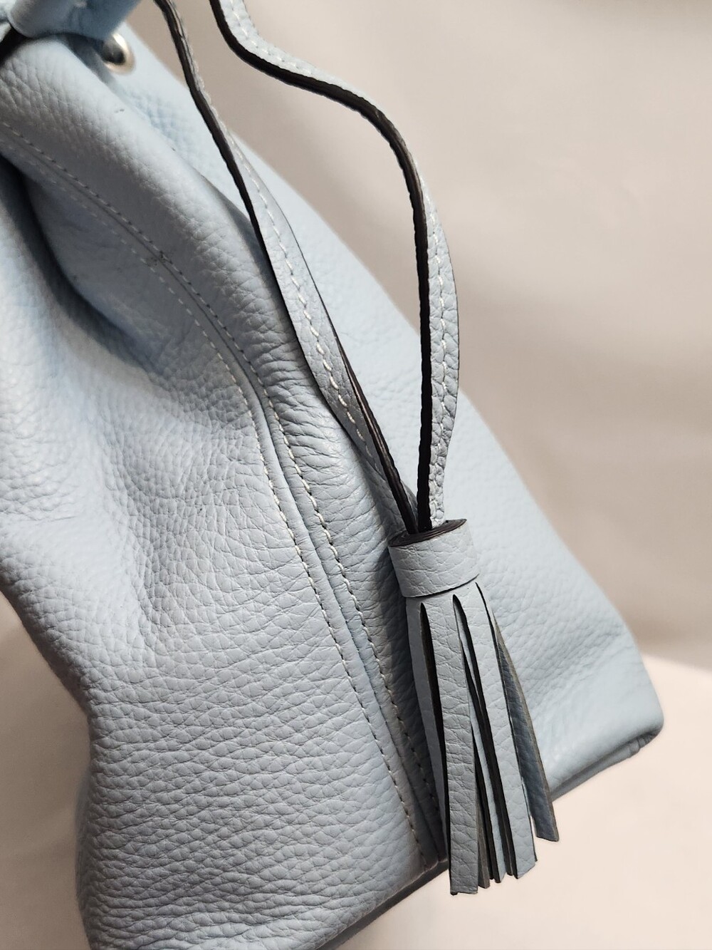 Coach Andy Horse And Carriage Logo Drawstring Pebble Leather Light Blue Tote - Picture 14 of 15